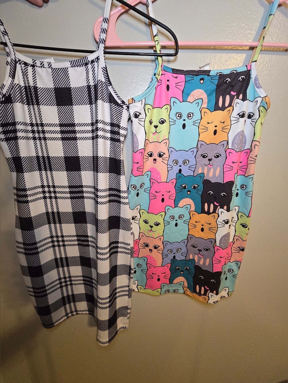 SHEIN Girls Multicolor Cat Print & Black White Plaid Tank Dresses
